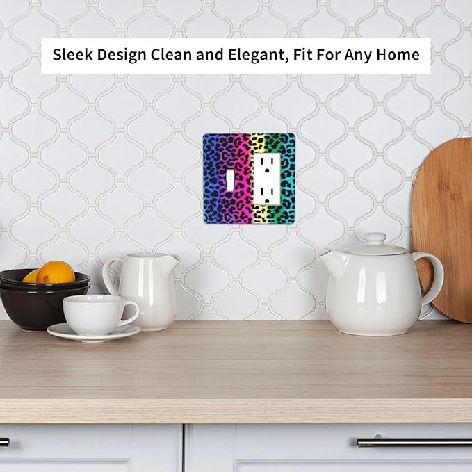 Rainbow Colorful Leopard 2 Gang Single Toggle/Rocker Combination Light Switch Cover Decorative Wall Plate Faceplate Boys Kids Teen Girl Bedroom Room Decorate 4.5" x 4.5