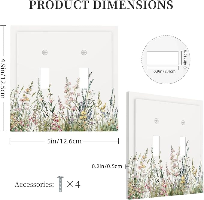 Decorative Switch Plates Boho Wildflower Green Leaves Rustic Floral Botanical 2 Gang Double Toggle Wall Plate Outlet Light Switch Cover Electrical Faceplate for Bedroom living Room Decor