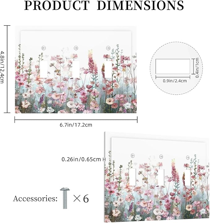 Colorful Flowers Pink Floral Watercolor Plant Decorative Switch Plates 3 Gang Wall Plate Triple Toggle Light Switch Cover Faceplate Electrical Wall Panels for Bed Room Living Room Decor