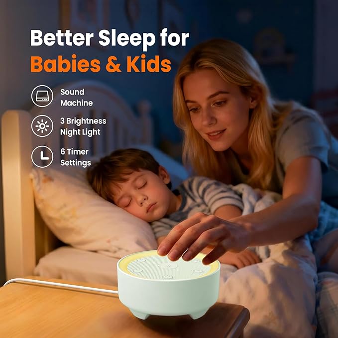 Kipcush Baby & Kids White Noise Sound Machine w/Night Light, 21 Non-Looping Sounds, 6 Timers (15-120 min & 8H), Memory, USB Powered for Nursery, Home & Travel