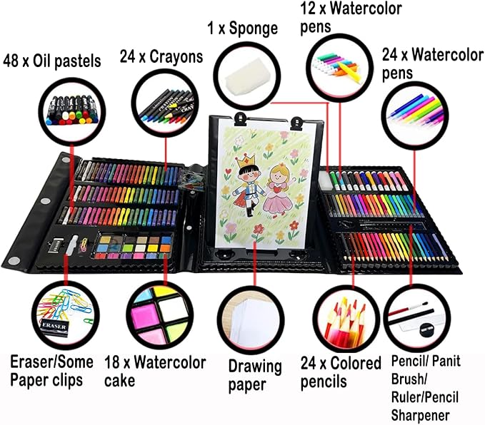 DLUCKY 208 PCS Art Supplies, Drawing Art Kit Adults Art Set with Double Sided Trifold Easel, Oil Pastels, Crayons, Colored Pencils, Watercolor Pens Gift for Girls Boys Artist,Black