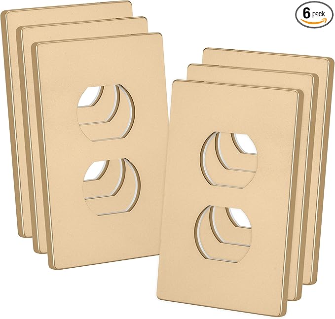 Bates- Screwless Duplex Wall Plate, Standard Size, 4.68" x 2.9", 6 Pack, Gold, 1-Gang Child Safe Receptacle Outlet Cover, Unbreakable Polycarbonate Thermoplastic