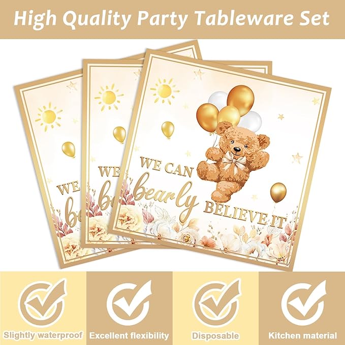 96Pcs Beary First Birthday Decorations Plates Sets, 1st Teddy Bear Paper Plates Napkins for Boy ONE Bear Tableware for 1st Birthday Party Supplies (24 Guests)