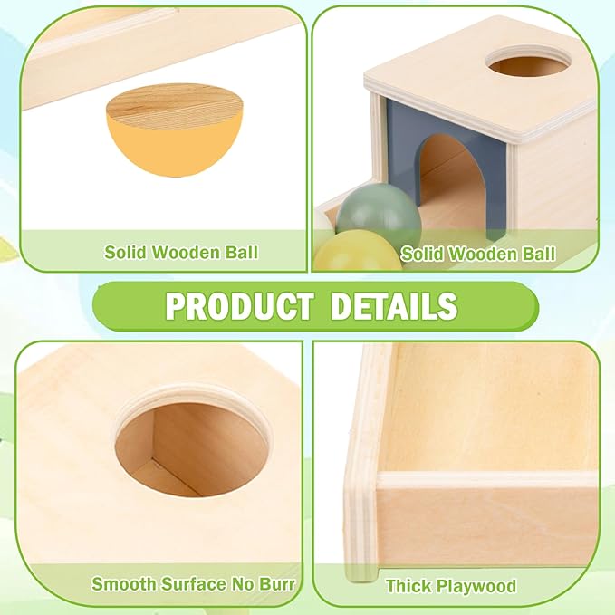 Adena Montessori Wooden Toy for 6-12 Month Baby 3 Balls, Object Permanence Box with Tray Colorful Learning Education Toy for Toddler Kid 1-2 Year Old, Preschool Developmental Girl and Boy Gift