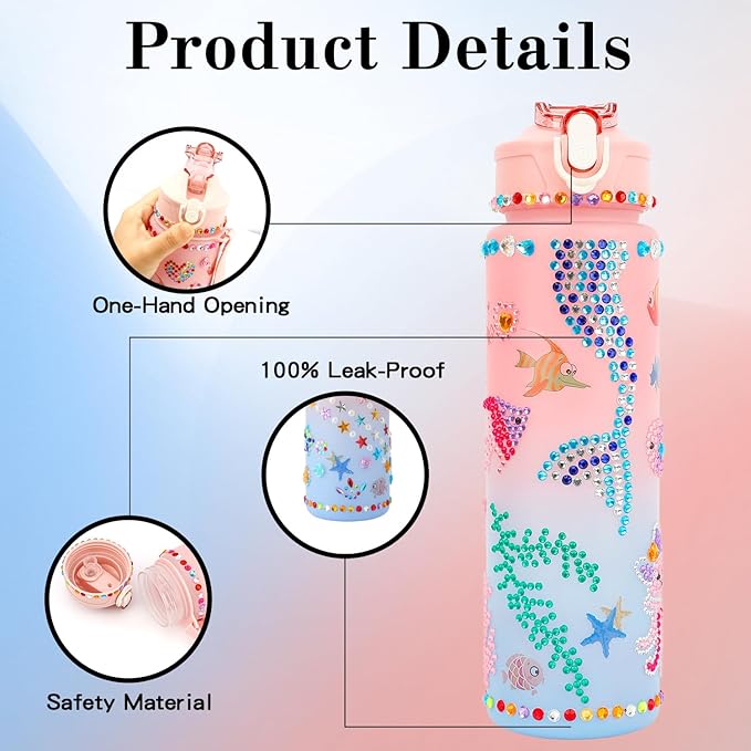 Gifts for Girls 4-12, Decorate Your Own Water Bottle Kits for Kids Age 4-6-8-10, Pink Easter Birthday Gifts for 5 6 7 8 9 10 Year Old Kid, Mermaid Water Bottle Fun DIY Art and Craft Gift Toys for Girl