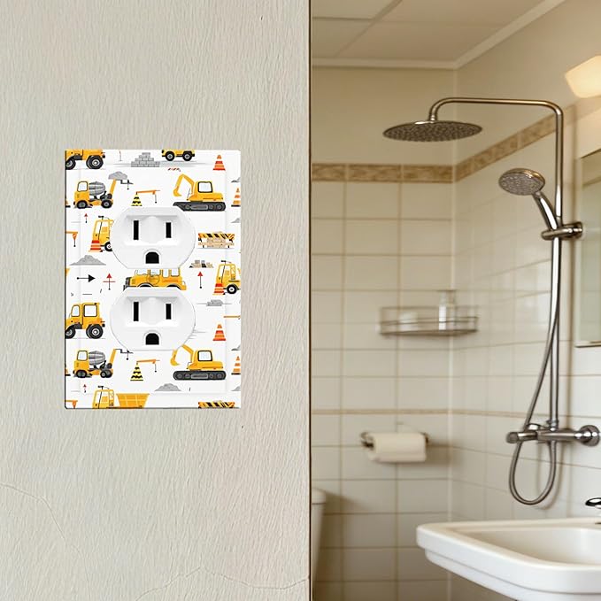 Construction Vehicles & Trucks Pattern Duplex Wall Plate - 1-Gang Standard US Size Little Builder's Dream Outlet Covers for Boy's Bedroom Decor