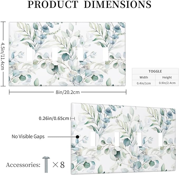 Green Eucalyptus Leaf Decorator Light Switch Cover Wall Plate 4 Gang Quad Toggle, Watercolor Spring Boho Eucalyptus Leaves Tree Top Wild Flower Decorative Electrical Outlet Cover Switchplate Faceplate