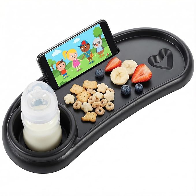 Li&Zhao Universal Stroller Snack Tray 3-in-1 Detachable Stroller Snack Tray Attachment with Secure Phone Holder, Spill-Proof Cup Holders Compartments, Easy-Clean Universal Snack Tray for Stroller