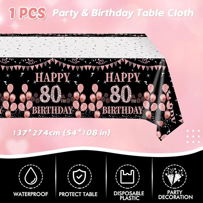 41Pcs 80th Birthday Decorations for Women, Vintage 80 Birthday Black and Rose Gold Disposable Paper Plates and Napkins Party Supplies for 20 Guests, 41Pcs Include 7" Plates Napkins and Tablecloth