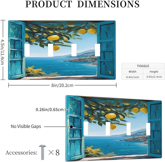 Decorative Art Light Switch Covers Seaside Window with Lemons Quad Toggle 4 Gang Wall Plate Switch plate Electrical Faceplate for Home Decor