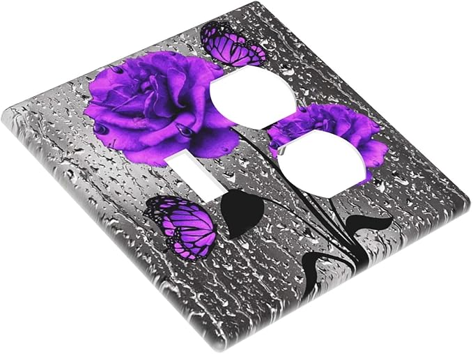 Pretty Purple Grey Rose Butterfly 2-Gang 1-Toggle 1-Duplex Device Combination Wallplate Valentine's Day Flowers Blossom Art One Toggle Switch and One Duplex Receptacle Outlet Combo Light Switch Cover