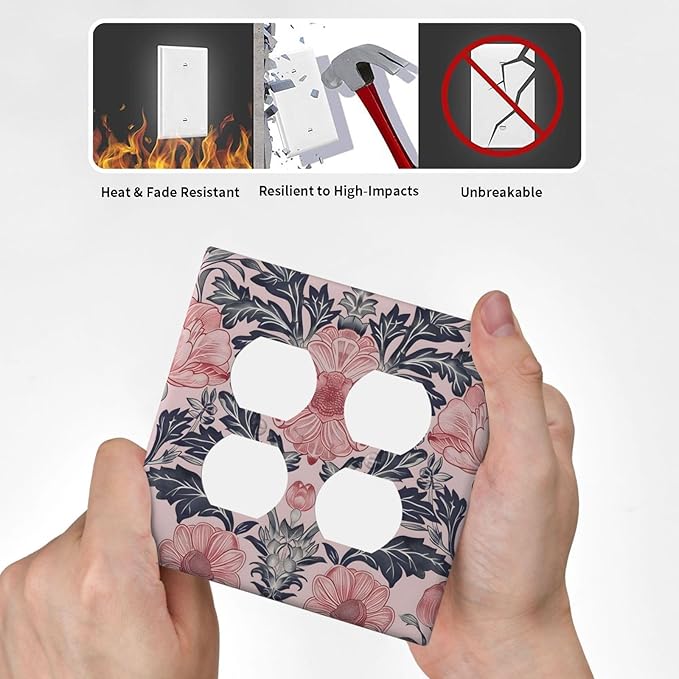 Pink Floral Vintage Botanical Boho Flower Outlet Covers 2 Gang Double Duplex Decorative Light Switch Covers Electrical Wallplates Socket Faceplate for Farmhouse Home Decor