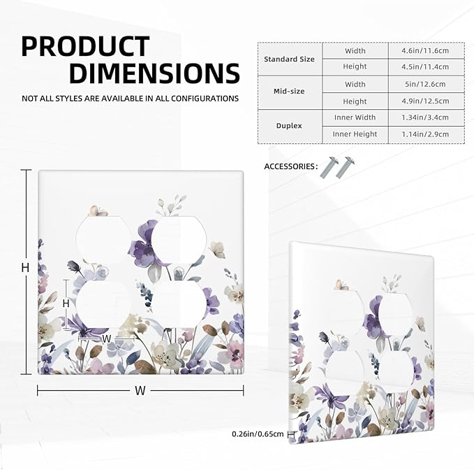 Purple Watercolor Flower Floral Butterfly Outlet Covers 2 Gang Double Duplex Decorative Light Switch Covers Electrical Wallplates Socket Faceplate for Bedroom Living Room Decor
