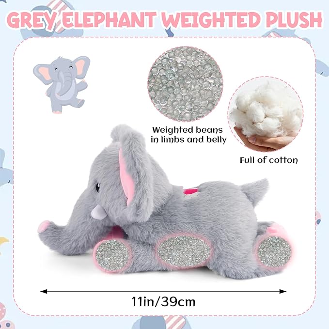 Weighted Elephant Stuffed Animal, Gray Soft Stuffed Elephant Plush Toy, Small Weighted Plush Comfort Birthday Gifts for Kids, 10 Inch, 0.8 Lbs