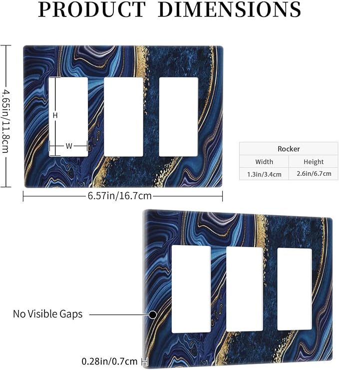 Navy Blue Marble 3 Gang Triple Rocker/Decor Light Switch Wall Plate Cover Decorative Electrical Faceplate For Boys Living Room Bedroom Decor Screwless 6.57" x 4.65
