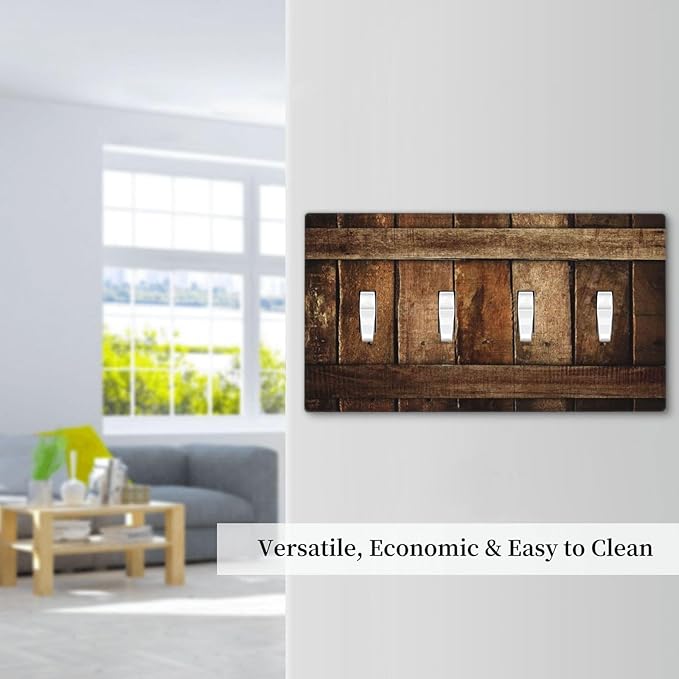 Brown Wooden Barn Door Old Wood Print Light Switch Covers Quad Toggle Electrical Faceplate 4 Gang Wall Plate Decorative Switch Plates for Farmhouse Home Decor