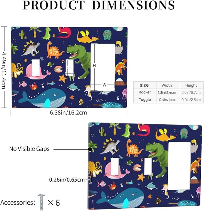 Cute Blue Dinosaur 3-Gang Combination Double Toggle/Single Decorator Outlet Wall Plate Cartoon Ocean Dolphin Animal Boys Kids Whale Electric Decorative 2-Toggle 1-Rocker/GFCI Combo Light Switch Cover