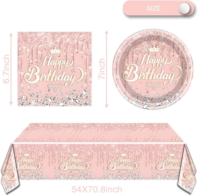 Pink Rose Gold Party Tableware set,Pink Happy Birthday Theme 20 Plates and 20 Napkins and Tablecloths 71 '' x 42 '' for Girls Women Silver Glitter Birthday Party Supplies