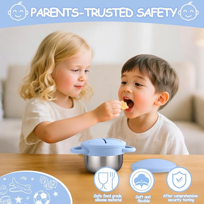 Mity rain Stainless Steel Snack Containers for Toddlers with Spill-Proof Silicone Lids Handles - 3-in-1 Baby Snack Cups, No-Spill Toddler Snack Box (Blue, One piece set)