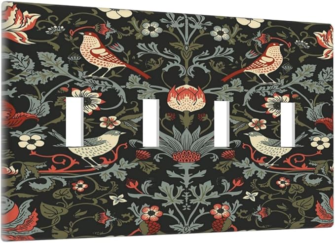 Vintage Birds Berries Mid Century Floral Flower Light Switch Covers Quad Toggle Electrical Faceplate 4 Gang Wall Plate Decorative Switch Plates Cover for Bedroom Living Room Decor