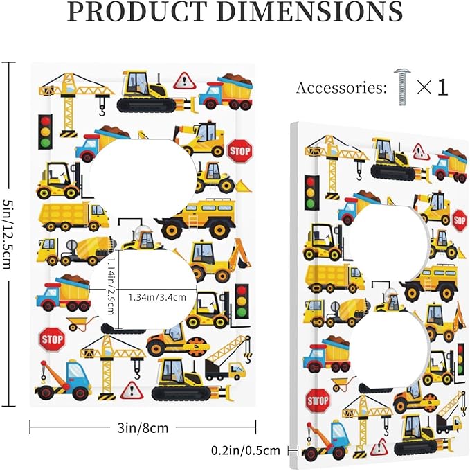 Cool Kids Boys Play Room Construction Trucks Cartoon Cars Vehicles Transport 1 Gang Duplex Wall Plate Electrical Receptacle Outlet Cover Decorative Dual Device Mid Size Light Switch Plug Face Plate