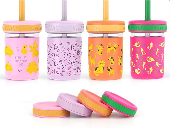 Sursip Toddler Glass Sippy Cups, Kids Baby 12 oz Spill-Proof Water Tumbler with Straw and Lids, Smoothie Snack Mason Jar For Travel School or At Home, 4 Packs BPA-Free