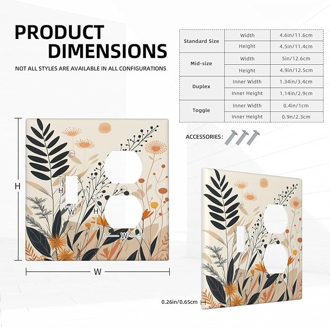 Light Switch Cover Plate Minimalist Floral Boho Botanical Wildflowers 2 Gang Decorative Switch Plates 1 Toggle Duplex Combo Outlet Covers GFCI Wall Plates for Bathroom Bedroom Decor