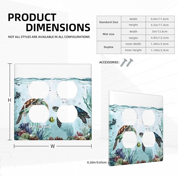Sea Turtles Sea Coral Seaweed Ocean Jellyfish Outlet Covers 2 Gang Double Duplex Decorative Light Switch Covers Electrical Wallplates Socket Faceplate for Kids Room Bathroom Decor