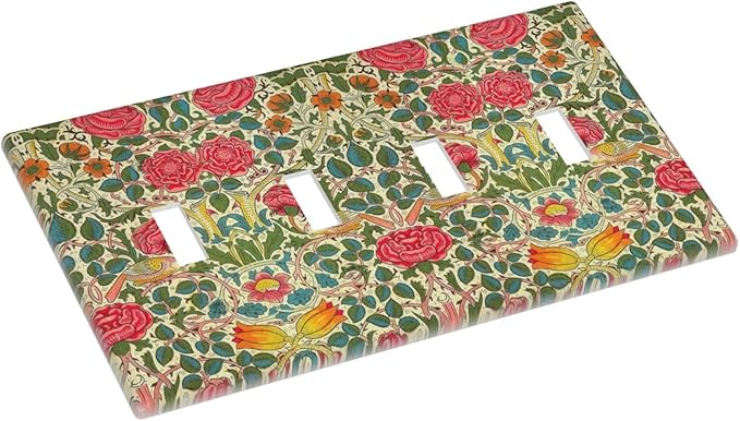 William Morris Roses Floral Quad Toggle Light Switch Cover VintageTulip Flower Plant Bird 4 Gang Wall Plate Decorative Electrical Switchplates Covers for Bedroom Living Room Decor