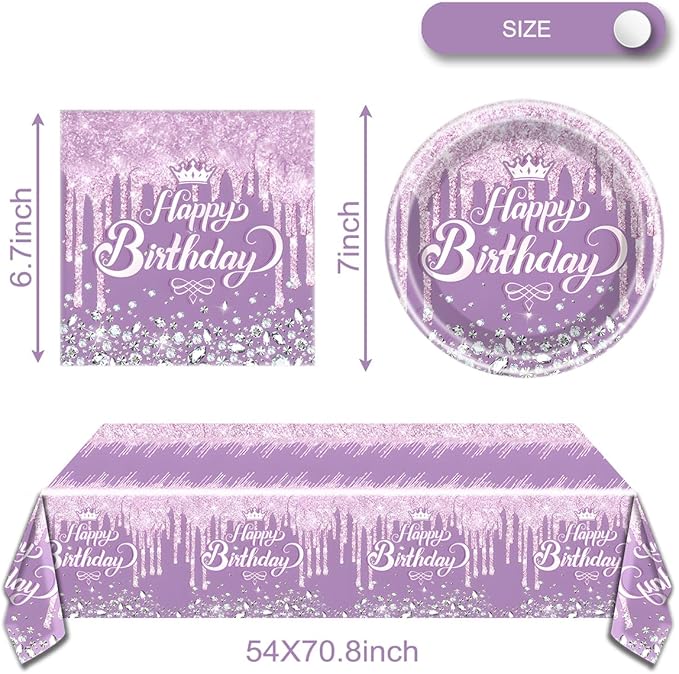 Purple Party Tableware set, Purple Happy Birthday Theme 20 Plates and 20 Napkins and Tablecloths 71 '' x 42 '' for Girls Women Silver Glitter Birthday Party Supplies