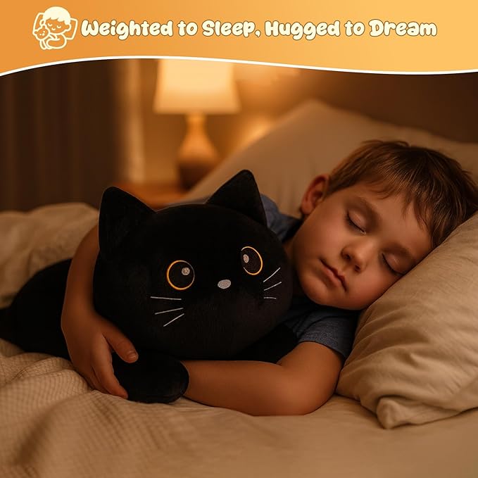 SQEQE Weighted Stuffed Animals Black Cat, Weighted Black Cat Plush, Plushies for Cozy Comfort, Soft Black Cat Pillow Toy for Kids Adults, Christmas & Valentines Gift 13.8 Inch, 1.7 Lbs