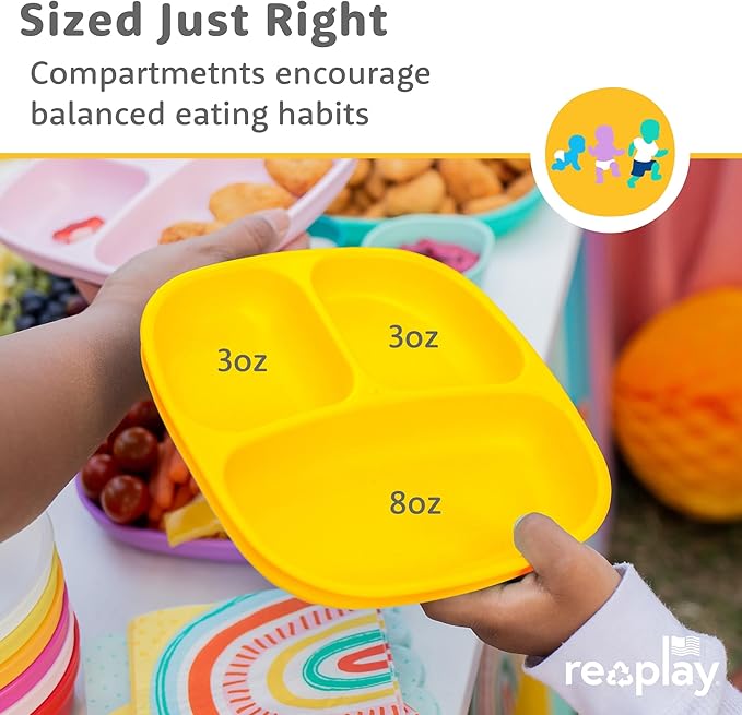 Re-play 3x3 Divided Toddler Plates and Utensils Set - Toddler Forks and Spoons Set - Dishwasher and Microwave Safe - Made in USA - Spring