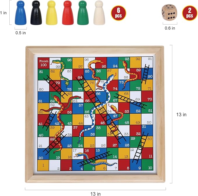 Gothink Wooden Snakes and Ladders Game - 13 Inch Educational Board Game for Children Ages 3 and Up & Adults - Classic Board Game Includes 6 Counters & 2 Dice, Rules