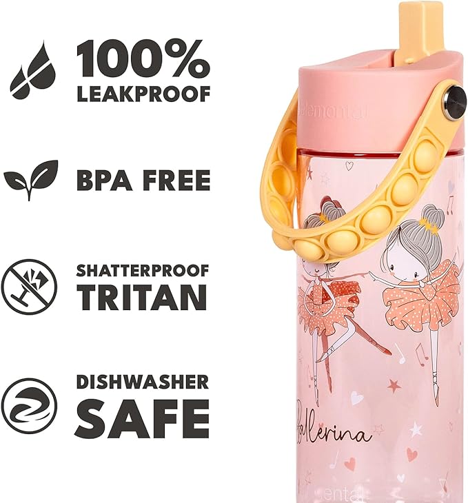 Elemental Water Bottles for Kids - Splash Kids Water Bottle for School with Pop-it Handle - BPA Free Tritan Plastic Water Bottle with Straw Leak Proof when Spout is Closed - Ballerina - 18oz