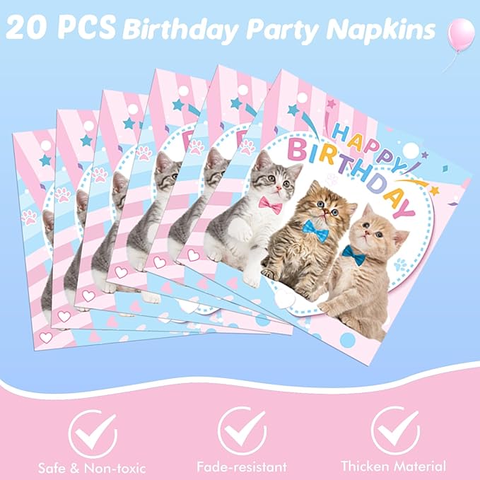 41Pcs Cat Party Supplies - Kitten Birthday Party Table Decorations Include 20 Paper Plates, 20 Napkins and 1 Tablecloth