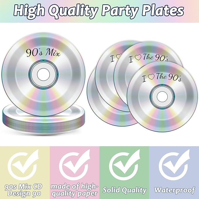 96Pcs 90's Party Paper Plates and Napkins for Retro 90s Theme Birthday Party Supplies 90's Mix CD Themed Paper Dessert Plates I Love The 90s Tableware Set for Men Women 24 Guests Party Decorations