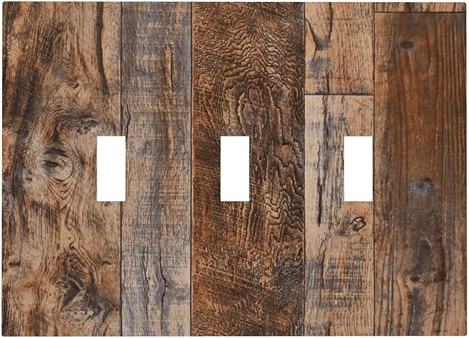 Vintage Board Rustic Brown Wood Texture Decorative Switch Plates 3 Gang Wall Plate Triple Toggle Light Switch Cover Faceplate Electrical Wall Panels for Farmhouse Home Decor