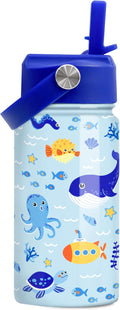 SANDJEST Kids Water Bottle with Straw Lid - 12 Oz Insulated Stainless Steel Ocean Water Bottles for Kid Boys - Travel Cup for School Sports