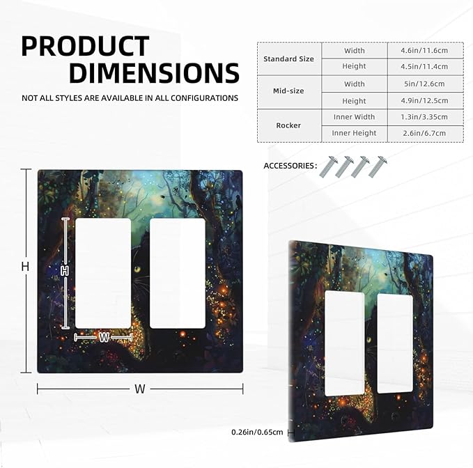 Light Switch Cover Plate Magic Fantasy Forest Mysterious Black Cat 2 Gang Double Rocker Outlet Covers Decorative Switch plates Electrical Wall Plates GFCI Receptacle for Kid Room Bathroom