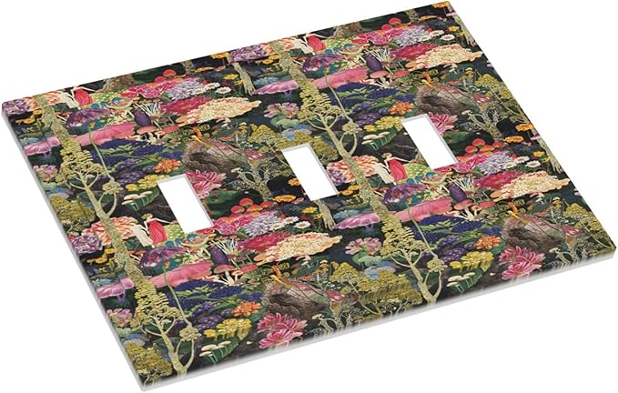 Dreamy Tropical Rainforest Colorful Mushroom Wildflower Decorative Switch Plates 3 Gang Wall Plate Triple Toggle Light Switch Cover Faceplate Electrical Wall Panels for Farmhouse Kids Room Decor