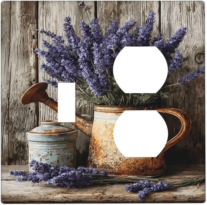 Rustic Flowers Lavender Purple Floral Oil Painting Wallplates 1 Toggle 1 Duplex Switch Plate Electrical GFCI Faceplate Decorative Light Switch Covers for Farmhouse Bedroom Decor