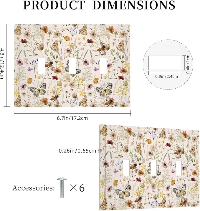 Vintage Butterflies Triple Toggle Wall Plates Colorful Wildflower 3 Gang Light Switch Cover Decorative Cute Bees Electrical Switchplate Faceplate Beige Flower Leaves Dimmer Decor for Bedroom Kidroom