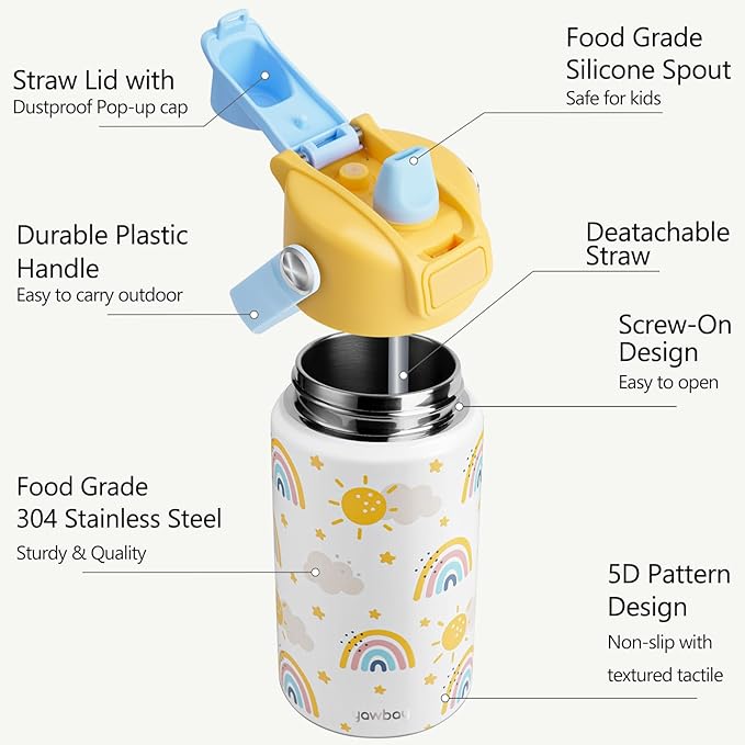 Kids Water Bottle for School 12 oz,Insulated Stainless Steel Water Bottle for Kids,Water Bottles for Toddler Girls Boys with Pop-Up Straw-Cap(Rainbow)