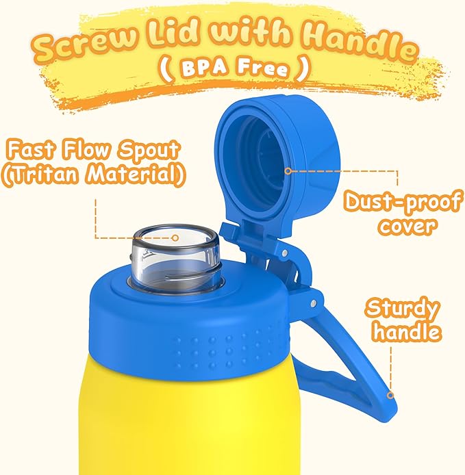 GOPPUS 19oz Kids Water Bottle with Spout Lid, Toddler Water Bottle, Stainless Steel Insulated Water Bottle, Leakproof, BPA Free, Suitable for Boys and Girls for School（Yellow）