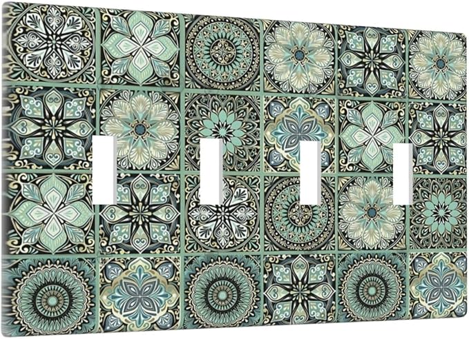 Moroccan Mandala Tile Floral Talavera Tiles Light Switch Covers Quad Toggle Electrical Faceplate 4 Gang Wall Plate Decorative Switch Plates Cover for Bathroom Kitchen Decor