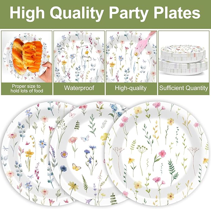 96Pcs Wildflower Party Supplies Floral Themed Paper Plates Napkins Wildflower Butterfly Tableware Disposable Dinnerware Decoration Set for Girls Birthday Wedding Bridal Baby Shower Party Table Decor