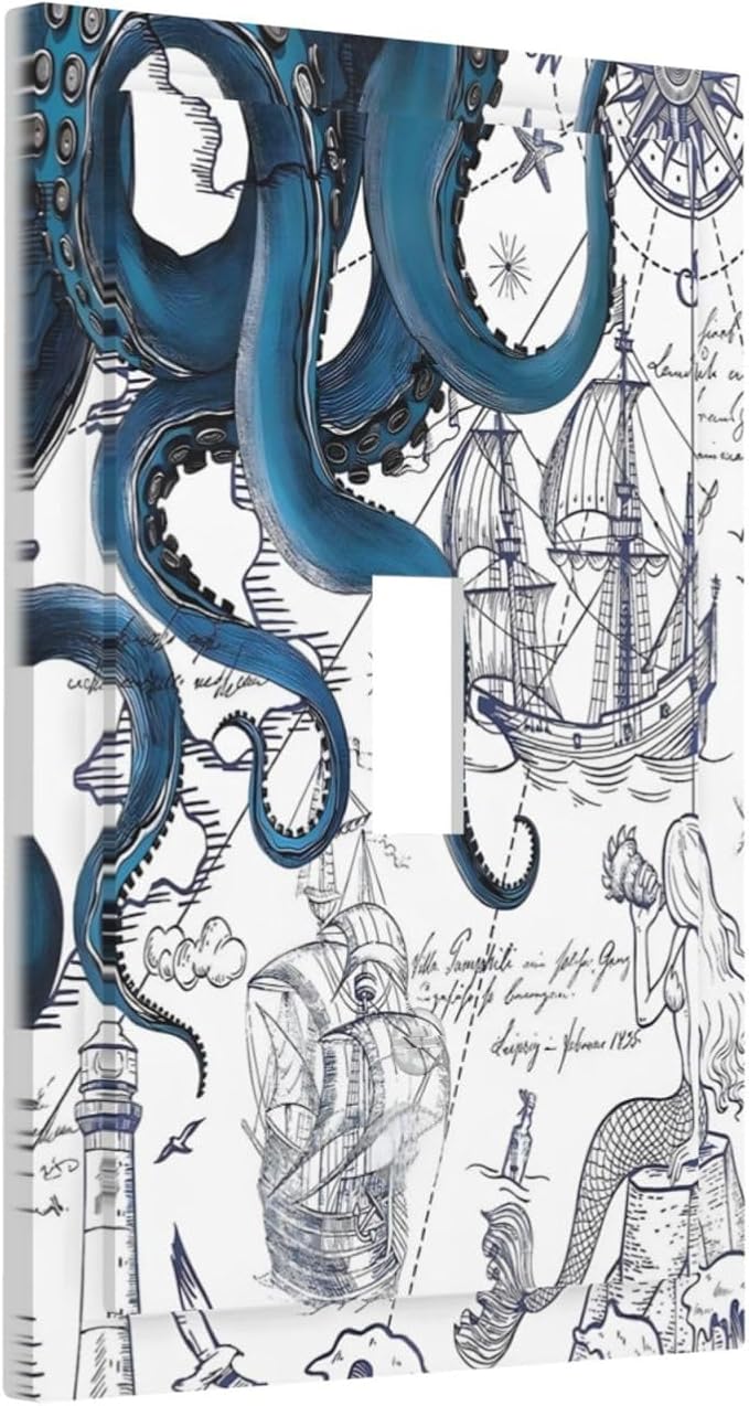 Nautical Vintage Map Octopus Mermaid Lighthouse Boat Decorative Light Switch Cover 1 Gang Single Toggle Device Electrical Faceplate Switchplates Decorator Outlet Wall Plate for Bathroom Kids Room