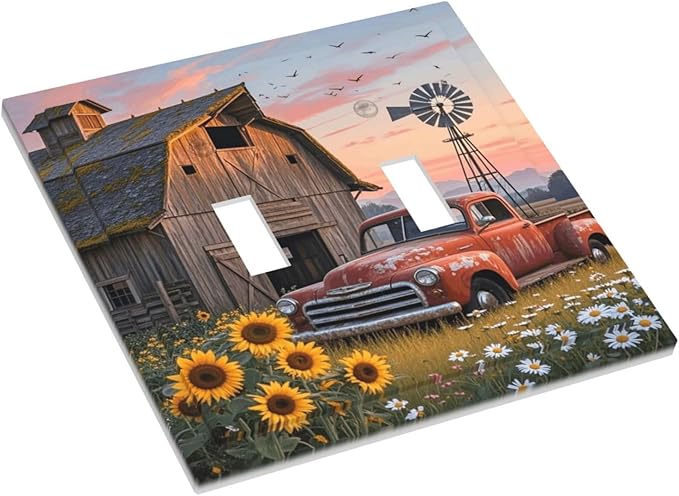 Rustic Barn Red Truck Windmill Sunflower Decorative Switch Plates 2 Gang Double Toggle Outlet Light Switch Cover Wall Plate Electrical Faceplate for Farmhouse Home Decor