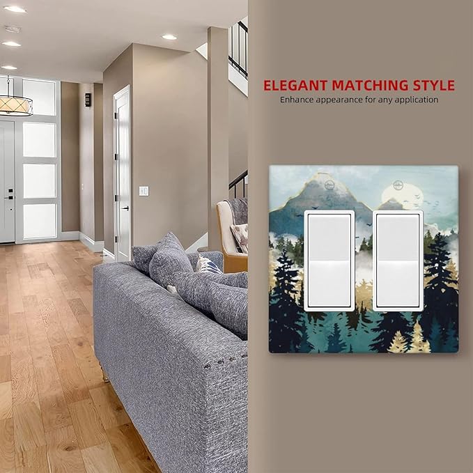 Boho Mountain Forest Abstract Sunset Sunrise Sun 2 Gang Rocker Decora Light Switch Covers Dual Outlet Covers Wall Plate Decorative Switchplate Electrical Faceplate GFCI for Country Bathroom Bedroom