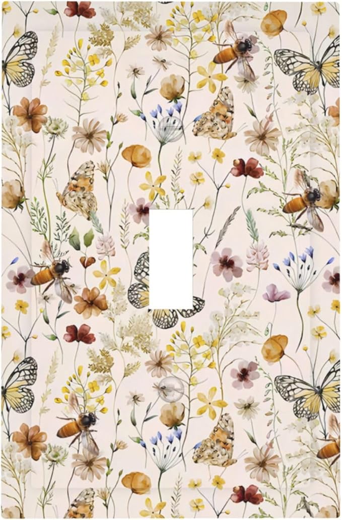 Vintage Butterflies Single Toggle Wall Plates Colorful Wildflower 1 Gang Light Switch Cover Cute Bees Switchplate Covers Decorative Beige Flower Leaves Dimmer Decor for Bedroom Kidroom